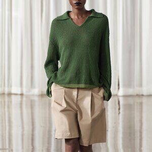 Zara Olive Green V Neck Collared Summer Sweater